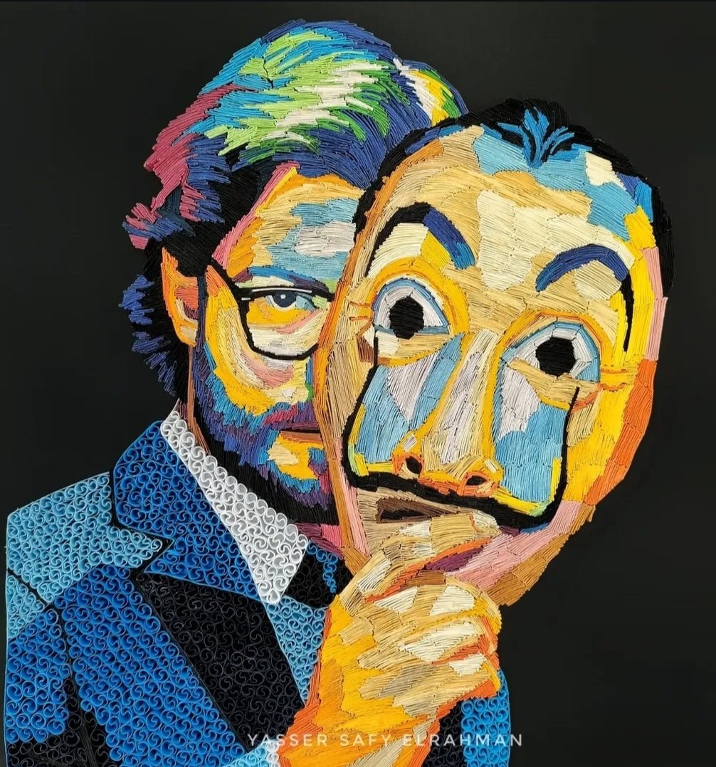 Colorful portrait artwork titled "El Profesor: A Mastermind" by Yasser Safy Elrahman featuring vibrant, detailed art of a thoughtful figure.