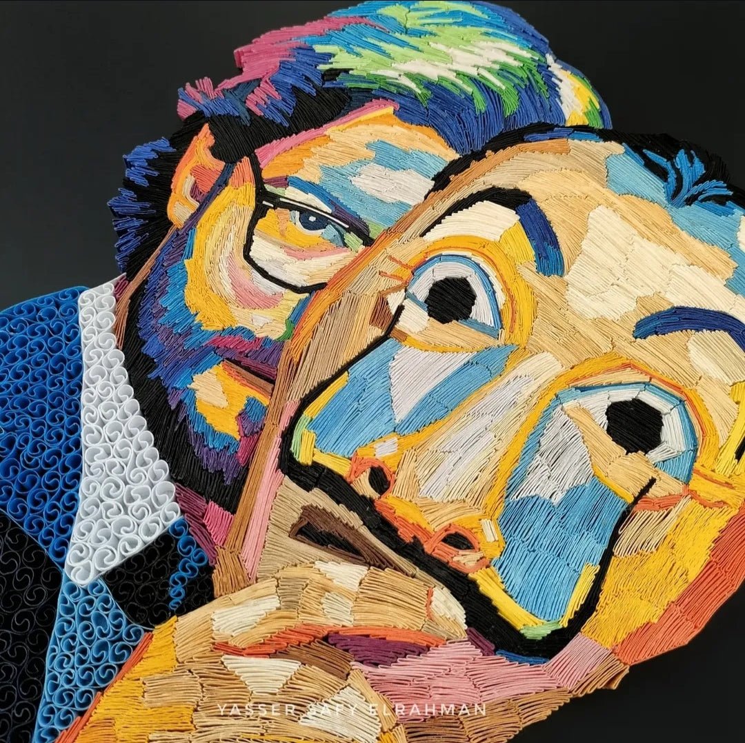 Colorful portrait artwork titled "El Profesor: A Mastermind" by Yasser Safy Elrahman featuring vibrant, detailed artistic illustration.