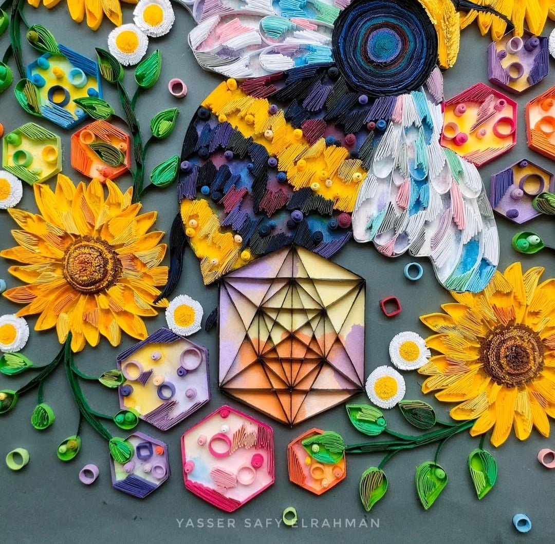 Abstract geometric artwork titled Hixbeeia: Geometry's Glowing Treasure by Yasser Safy Elrahman, featuring glowing golden shapes.