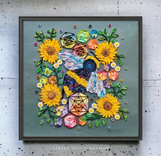 Yasser Safy Elrahman's Hixbeeia: Geometry's Glowing Treasure artwork featuring intricate golden geometric patterns on a vibrant background.