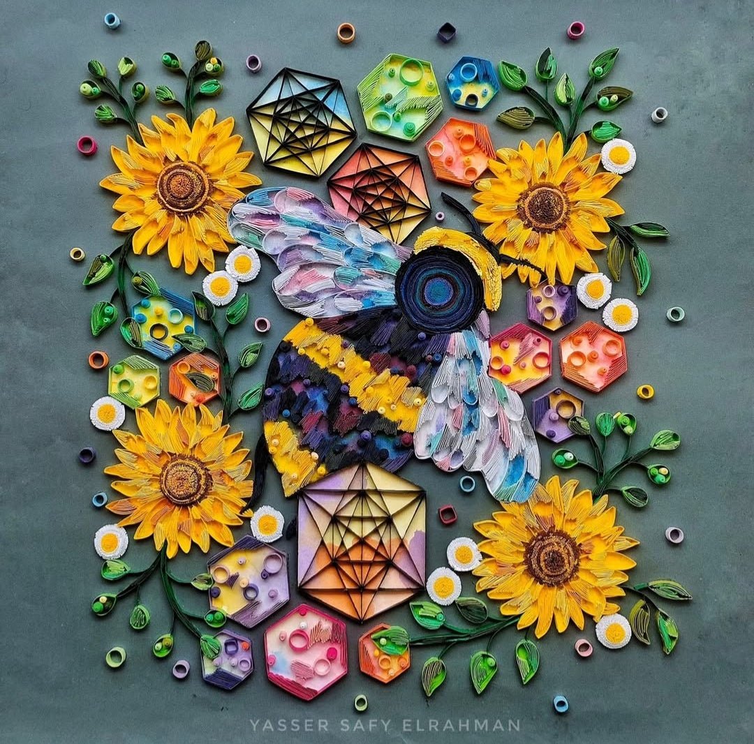 Abstract geometric artwork titled "Hixbeeia: Geometry's Glowing Treasure" by Yasser Safy Elrahman, featuring vibrant golden patterns.