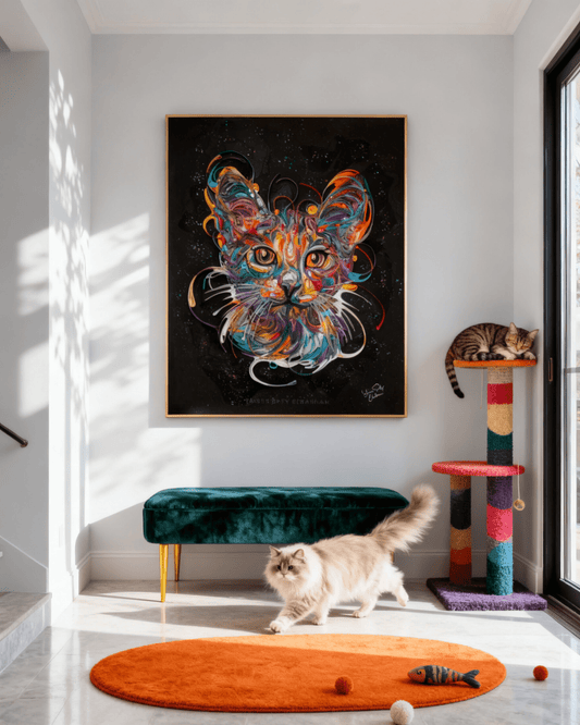 Colorful cat portrait artwork titled James in Colors by Yasser Safy Elrahman, featuring vibrant, abstract feline art.