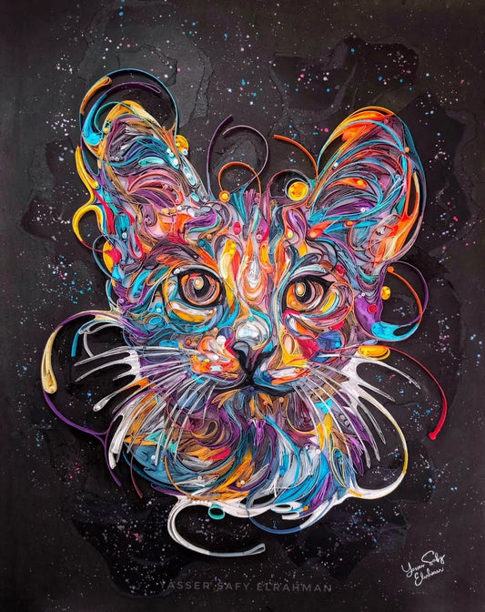 Colorful cat portrait artwork titled James in Colors by Yasser Safy Elrahman, featuring vibrant, artistic feline imagery.