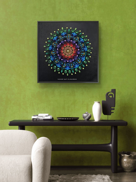 Colorful mandala artwork titled "Kaleidoscope of Peace" by Yasser Safy Elrahman featuring intricate, vibrant geometric patterns.