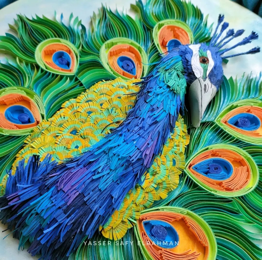 Colorful artwork of a peacock titled "Lunablu: The Sapphire Plume" by Yasser Safy Elrahman, featuring vibrant blue and purple feathers.