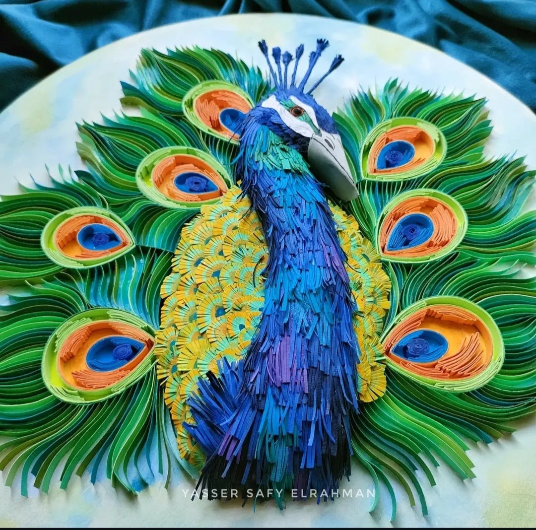 Yasser Safy Elrahman’s artwork "Lunablu: The Sapphire Plume Peacock" featuring a vibrant peacock with sapphire blue feathers.