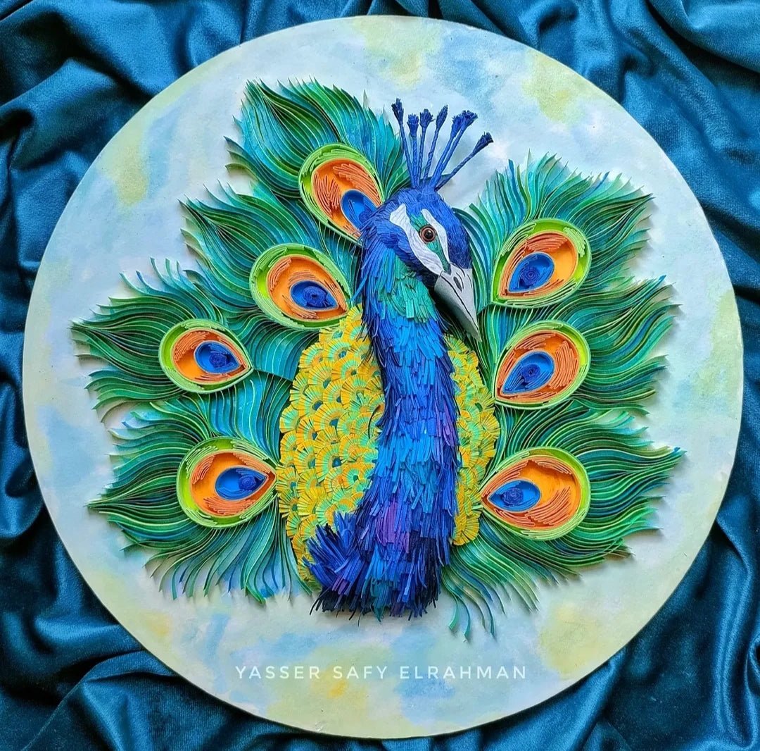 Colorful artwork of a peacock with sapphire blue feathers titled Lunablu: The Sapphire Plume by Yasser Safy Elrahman.