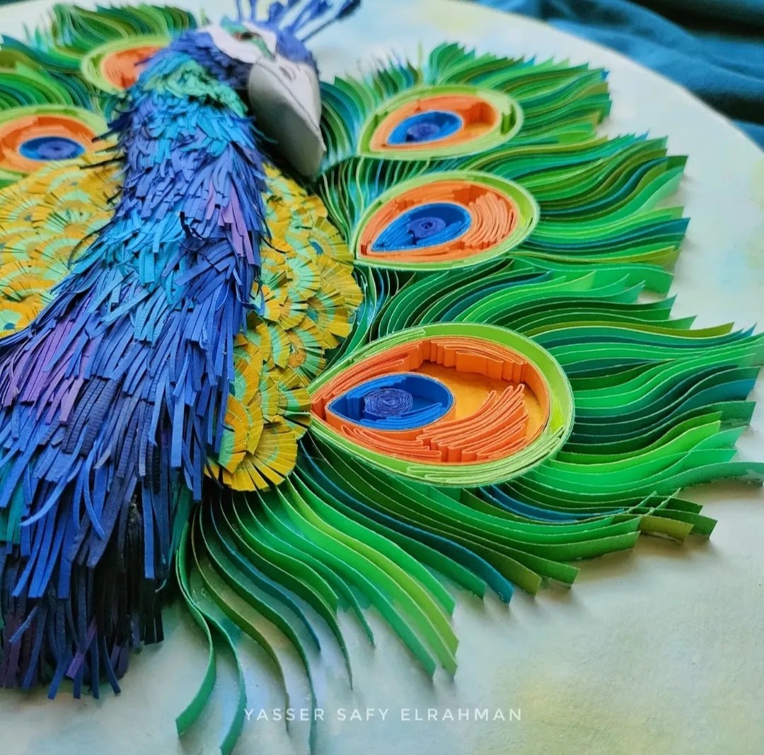 Yasser Safy Elrahman's artwork Lunablu: The Sapphire Plume Peacock featuring a vibrant peacock with sapphire blue feathers.