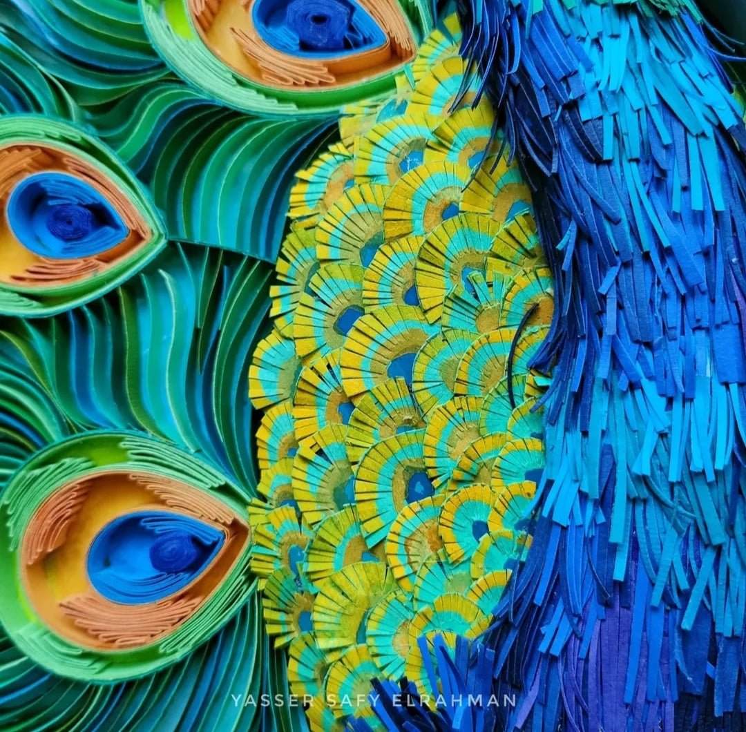 Colorful artwork of a peacock with sapphire blue plumage by Yasser Safy Elrahman, titled Lunablu: The Sapphire Plume Peacock.