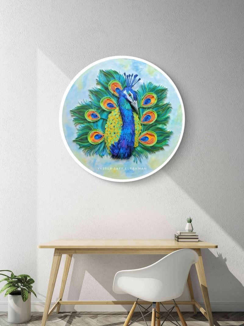 Yasser Safy Elrahman artwork titled Lunablu: The Sapphire Plume Peacock featuring a vibrant, detailed peacock with sapphire-colored feathers.