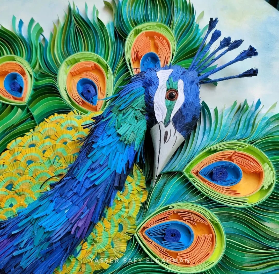 Colorful peacock artwork titled "Lunablu: The Sapphire Plume" by Yasser Safy Elrahman, showcasing vibrant feathers and intricate details.