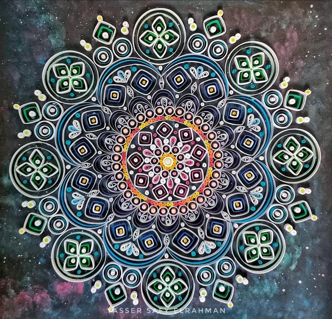 Intricate sacred mandala art featuring mystical geometric patterns by Yasser Safy Elrahman, showcasing vibrant colors and detailed design.