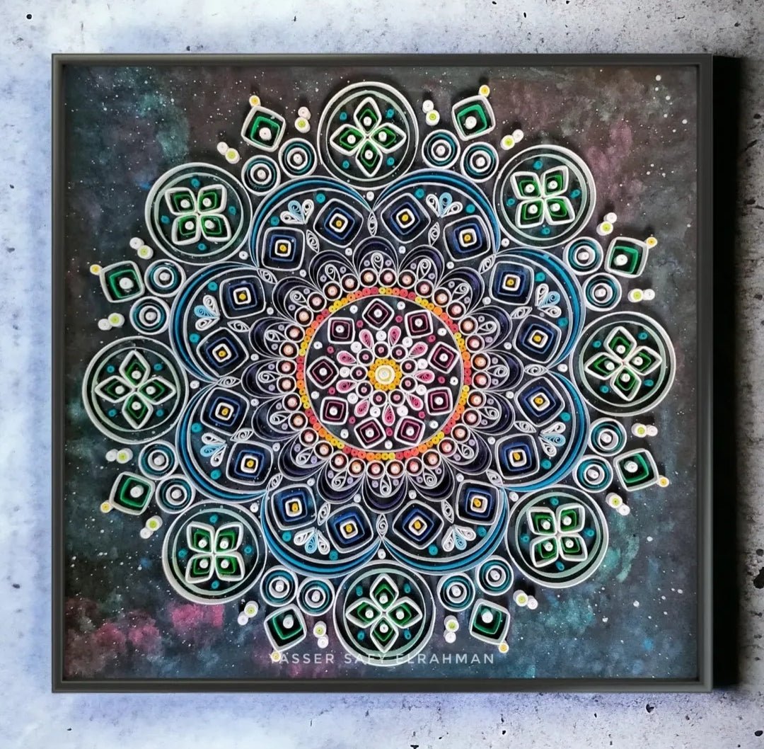 Sacred Mandala Art showcasing mystical geometric patterns by Yasser Safy Elrahman, intricate design on a vibrant background.