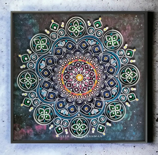 Sacred Mandala Art showcasing mystical geometric patterns by Yasser Safy Elrahman, intricate design on a vibrant background.