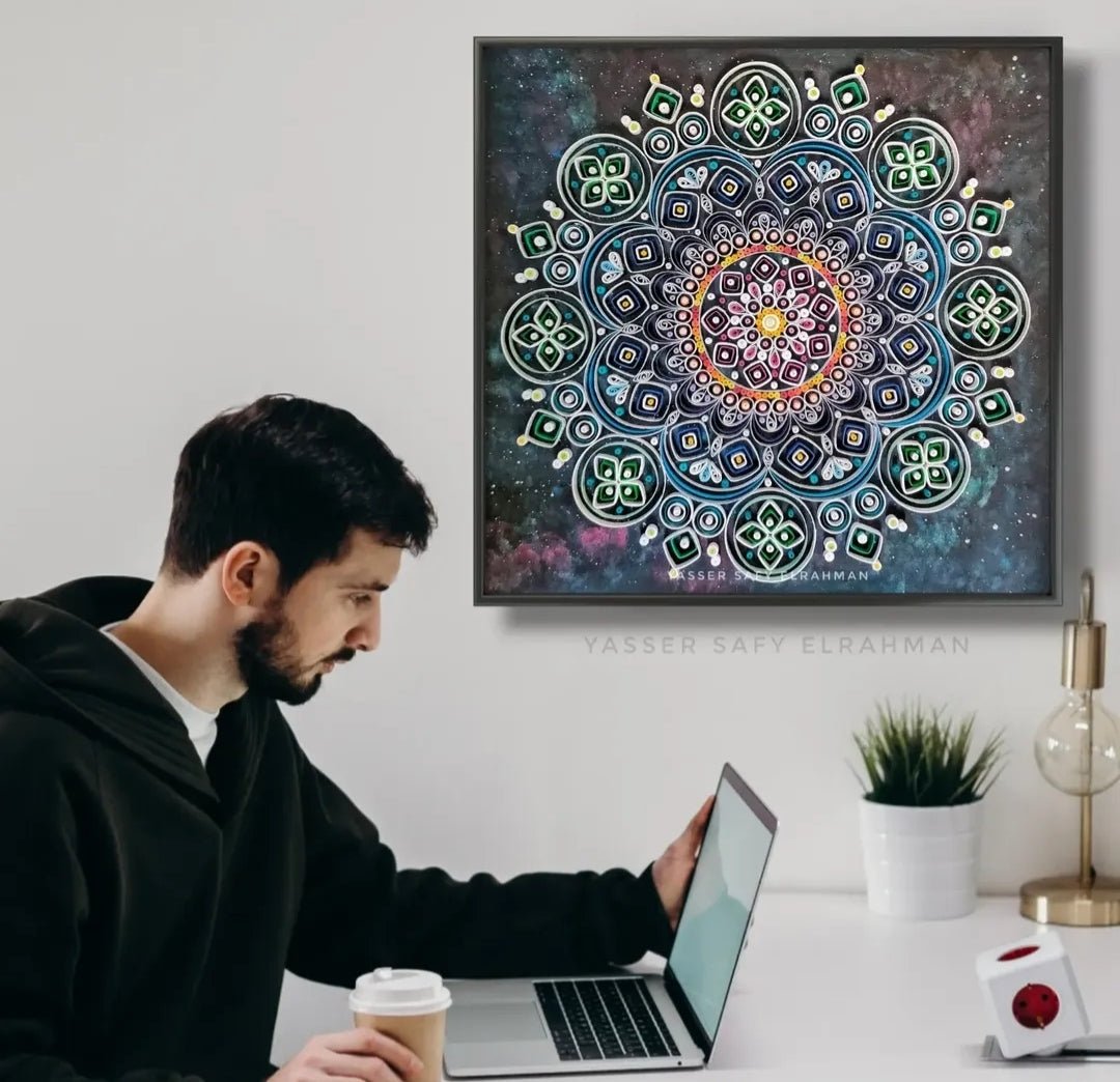 Intricate sacred mandala art featuring mystical geometric patterns by Yasser Safy Elrahman, showcasing vibrant colors and detailed design.