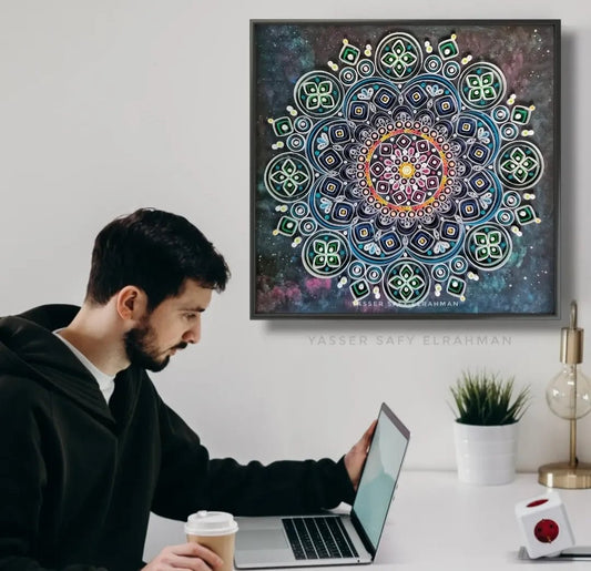 Intricate sacred mandala art featuring mystical geometric patterns by Yasser Safy Elrahman, showcasing vibrant colors and detailed design.