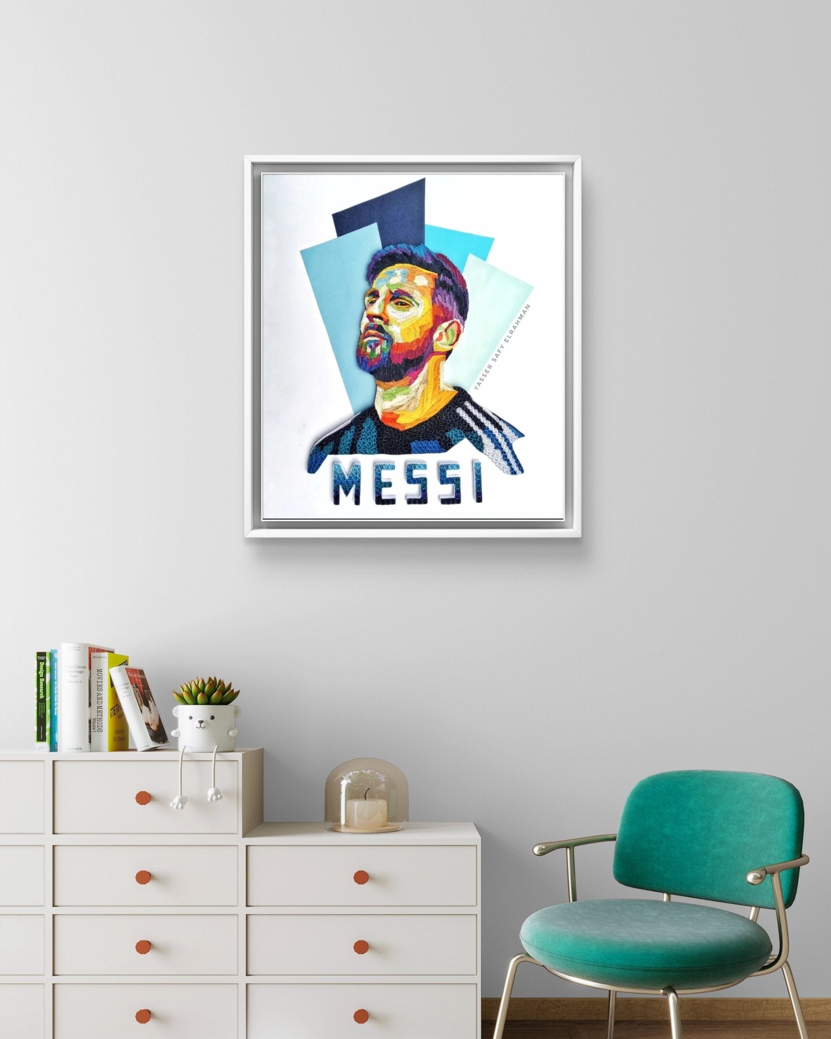 Colorful artwork of Lionel Messi titled "The Blueprint of Greatness" by Yasser Safy Elrahman, featuring vibrant design and detailed portrait.