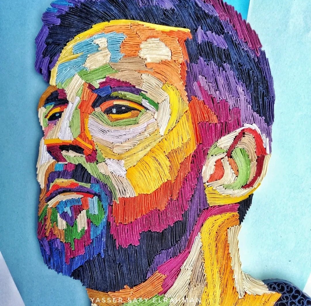 Artwork of Lionel Messi titled "The Blueprint of Greatness" by Yasser Safy Elrahman, featuring a detailed artistic portrait.