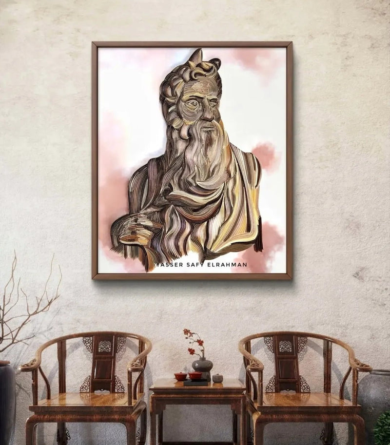 Paper artwork depicting Moses in a Renaissance style by Yasser Safy Elrahman, showcasing detailed, classical artistic techniques.