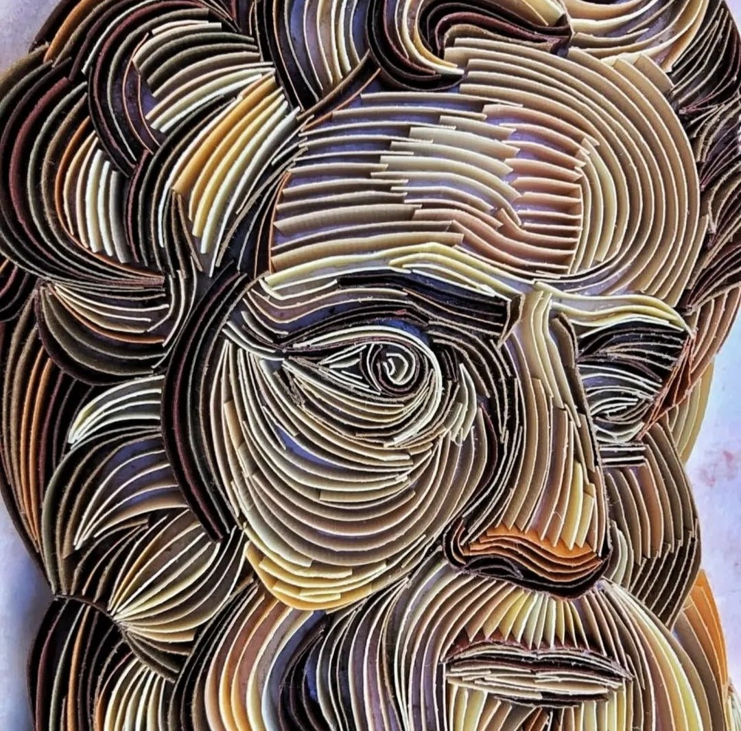 Yasser Safy Elrahman artwork titled "Moses: A Renaissance Dialogue in Paper" featuring intricate paper art of Moses.