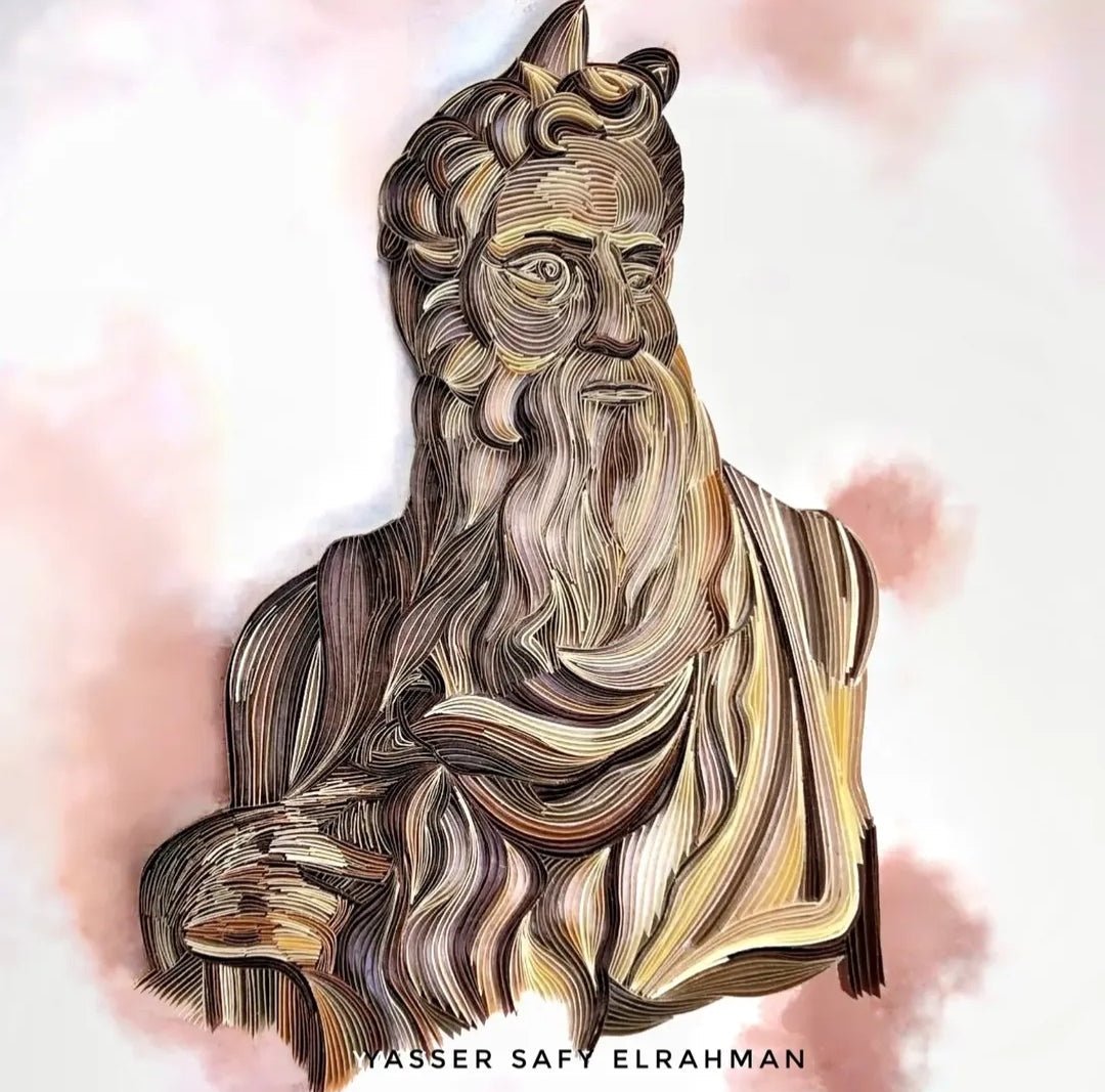 Paper artwork of Moses from "A Renaissance Dialogue" by Yasser Safy Elrahman, featuring detailed Renaissance-style illustration.