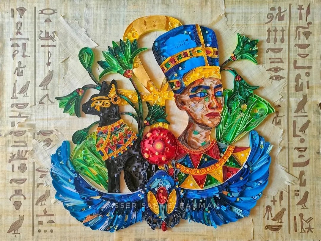 Colorful ancient Egyptian paper quilling artwork titled Nah Nitry (Sacred Life) by Yasser Safy Elrahman featuring intricate designs.