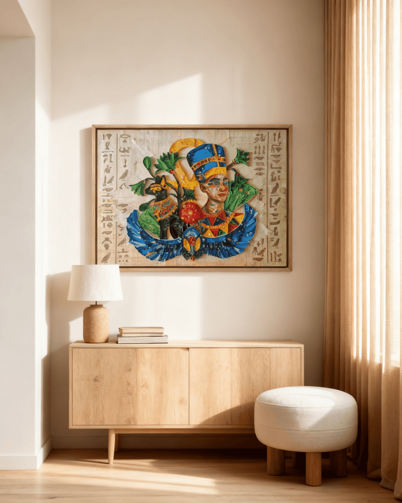 Ancient Egyptian paper quilling artwork titled Nah Nitry (Sacred Life) by Yasser Safy Elrahman, featuring intricate quilled designs.