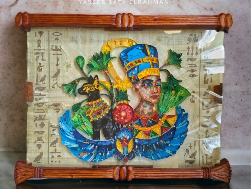 Ancient Egyptian paper quilling artwork titled Nah Nitry (Sacred Life) by Yasser Safy Elrahman, featuring intricate Egyptian motifs.