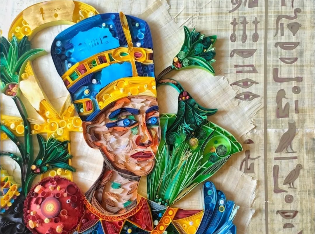 Ancient Egyptian paper quilling artwork titled Nah Nitry (Sacred Life) by Yasser Safy Elrahman, featuring intricate designs and vibrant colors.