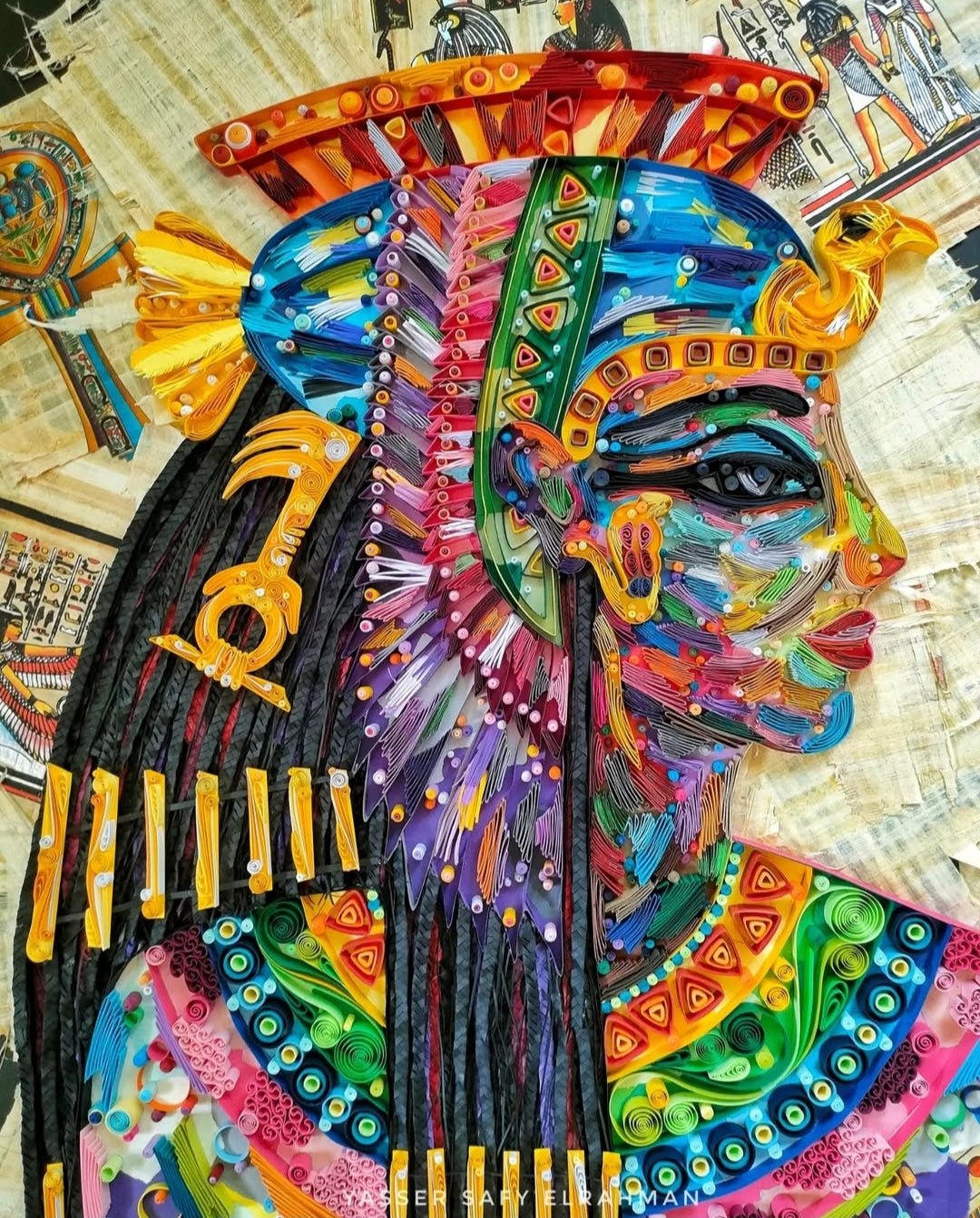 Colorful artwork inspired by Nefertari, featuring vibrant Egyptian motifs and intricate details by Yasser Safy Elrahman.