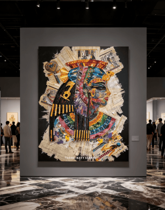 Yasser Safy Elrahman artwork titled "Nefertari: She is the one for whom the sun shines" featuring vibrant, detailed Egyptian-inspired art.