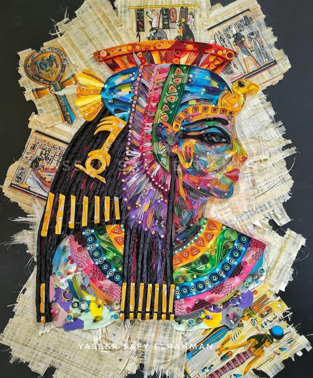 Colorful artwork of Nefertari by Yasser Safy Elrahman, depicting her with radiant sun-inspired elements and intricate Egyptian motifs.