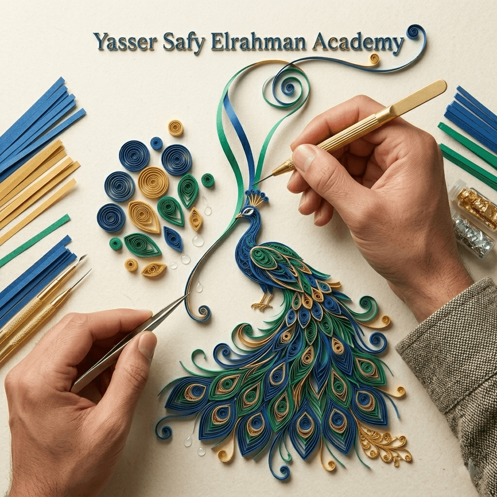 Beginner's paper quilling course by Yasser Safy Elrahman, showcasing colorful paper strips and tools for art learning.
