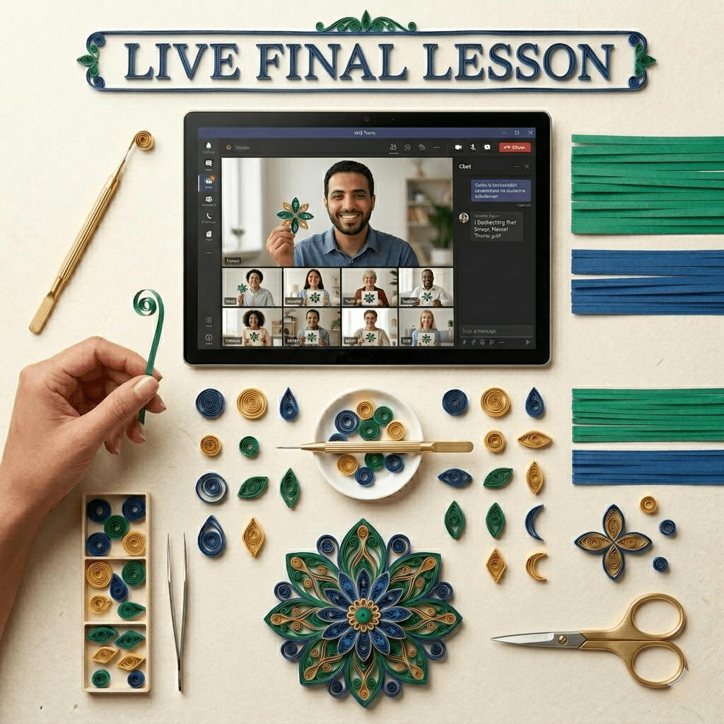 Beginner's paper quilling course by Yasser Safy Elrahman, featuring colorful paper strips and step-by-step art learning techniques.