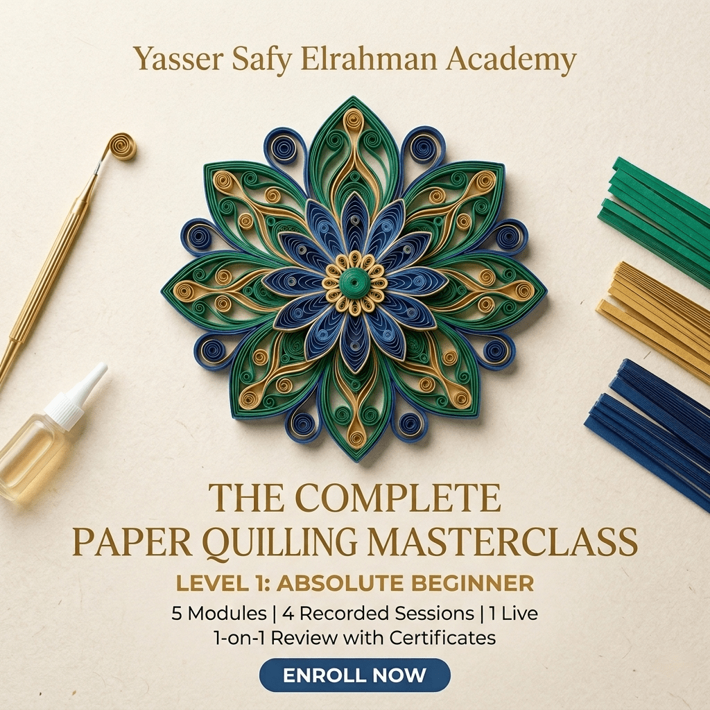 Beginner's paper quilling course by Yasser Safy Elrahman, featuring step-by-step paper art learning and colorful quilling projects.