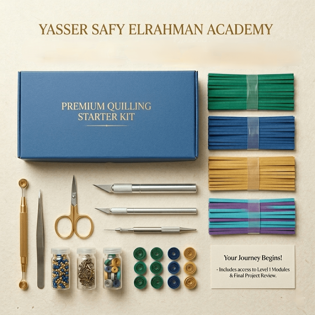 Beginner's paper quilling course by Yasser Safy Elrahman, featuring colorful paper strips and tools for art learning.