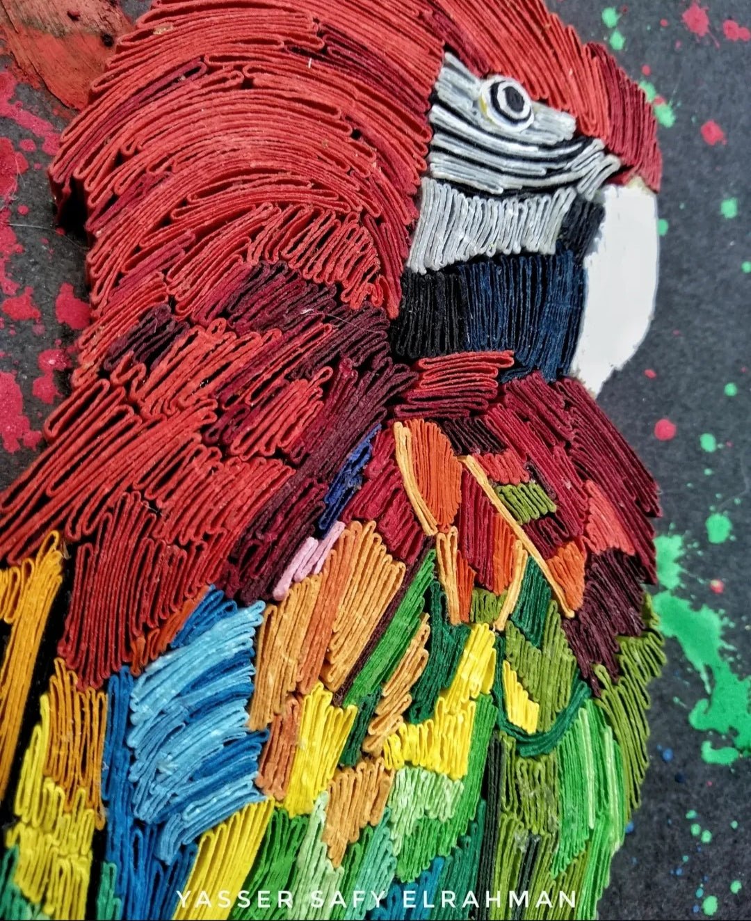 Colorful artwork titled "Pappagallino: The Spirit of the Tropics" by Yasser Safy Elrahman, featuring vibrant tropical bird imagery.