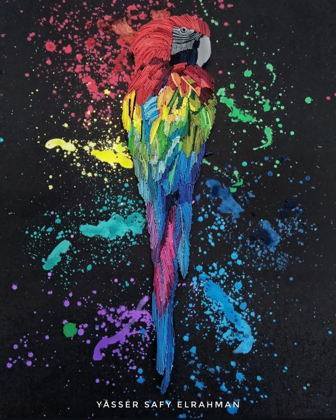 Colorful artwork titled Pappagallino: The Spirit of the Tropics by Yasser Safy Elrahman featuring vibrant tropical bird and lush foliage.