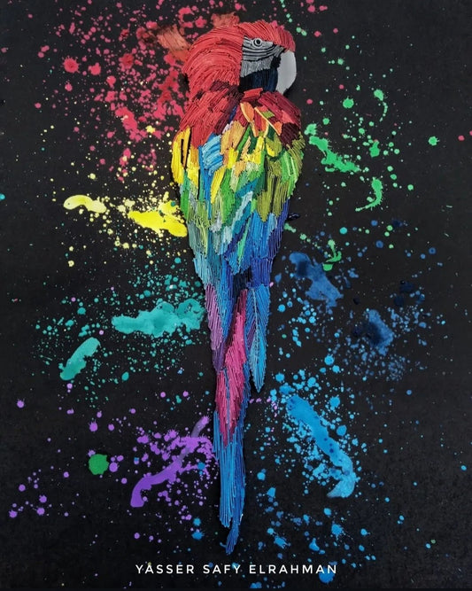 Colorful artwork titled Pappagallino: The Spirit of the Tropics by Yasser Safy Elrahman featuring vibrant tropical bird and lush foliage.