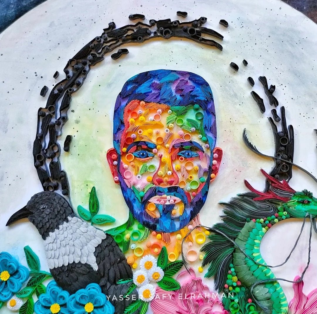 Self-portrait artwork by Yasser Safy Elrahman titled "The Convergence of Myth & Soul," featuring vibrant, symbolic imagery.