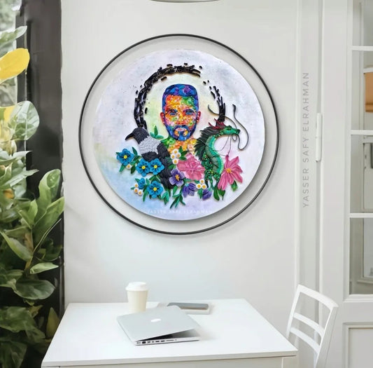 Self-portrait artwork titled "The Convergence of Myth & Soul" by Yasser Safy Elrahman, featuring a detailed, expressive portrait.