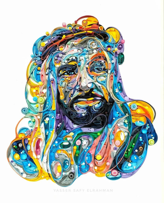 Colorful artwork titled "Soul of the Nation - A Tribute to the Legend" by Yasser Safy Elrahman, featuring vibrant abstract designs.