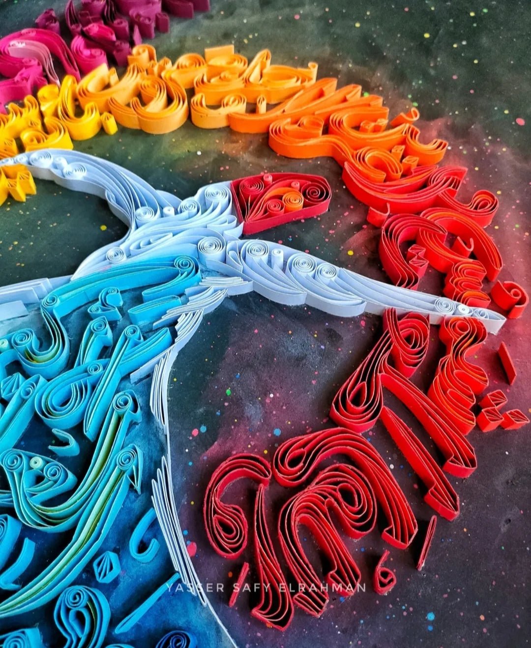 Arabic calligraphy artwork titled "Sufi's World" by Yasser Safy Elrahman, featuring intricate spiritual design and vibrant colors.