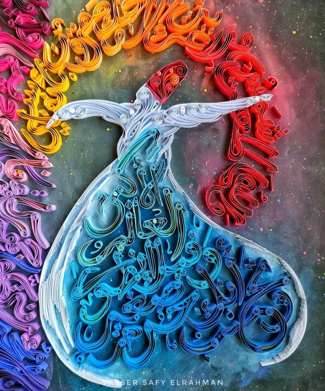 Spiritual Arabic calligraphy artwork titled "Sufi's World" by Yasser Safy Elrahman, featuring intricate Arabic script and artistic design.