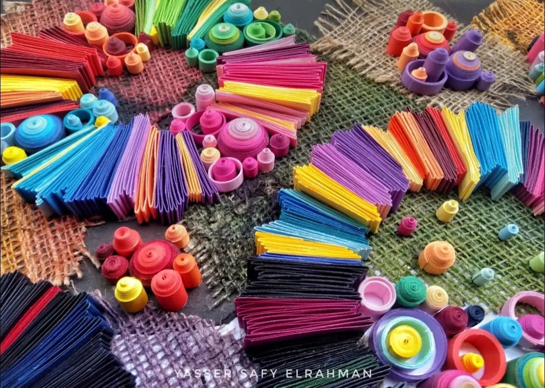 Abstract artwork titled "Swirls: Dimensions of Flow" by Yasser Safy Elrahman featuring flowing, colorful swirls and dynamic shapes.