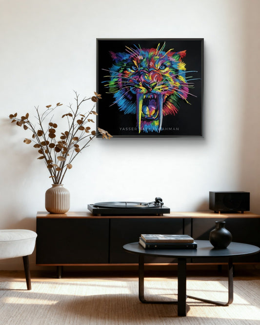 Colorful tiger artwork titled Taigilo: The Sovereign Flare by Yasser Safy Elrahman featuring vibrant, intricate design and bold hues.