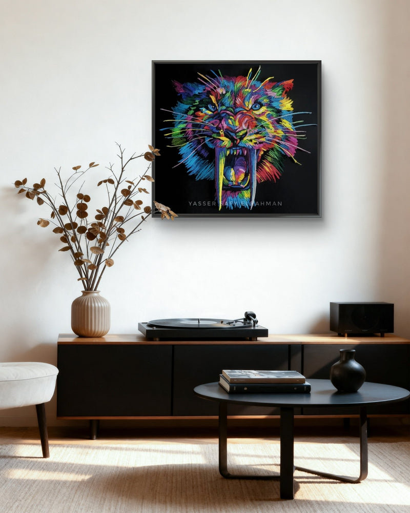 Colorful tiger artwork titled Taigilo: The Sovereign Flare by Yasser Safy Elrahman featuring vibrant, intricate design and bold hues.