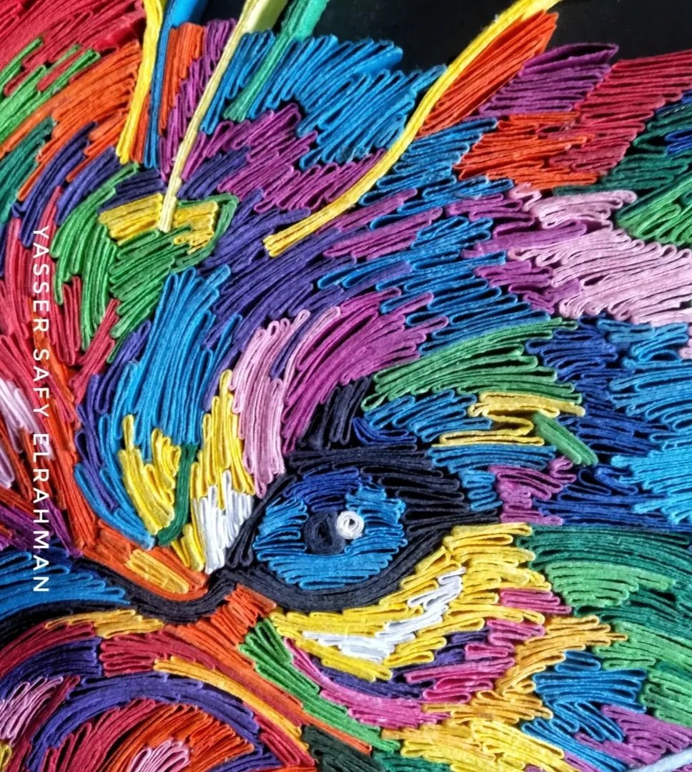 Colorful tiger artwork titled Taigilo: The Sovereign Flare by Yasser Safy Elrahman, featuring vibrant, intricate tiger designs.