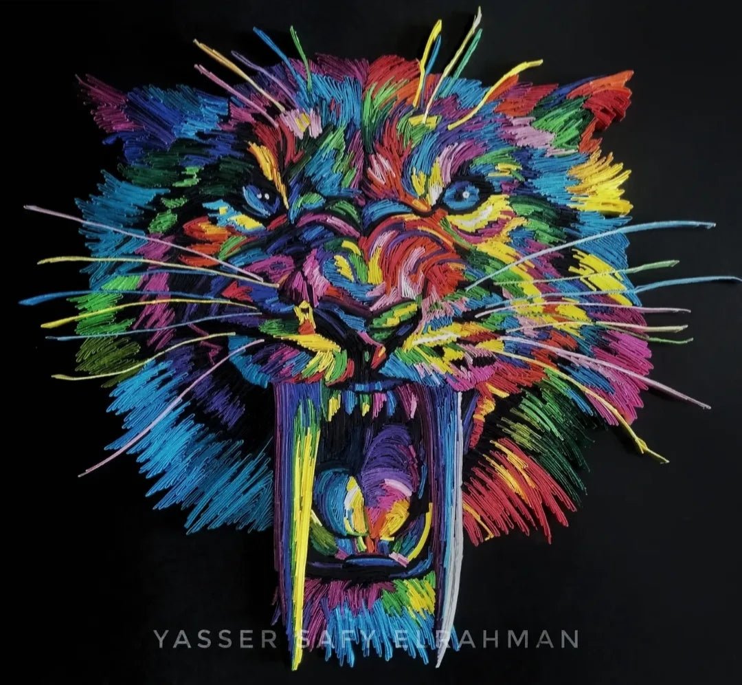 Colorful tiger artwork titled Taigilo: The Sovereign Flare by Yasser Safy Elrahman, featuring vibrant, abstract tiger design.