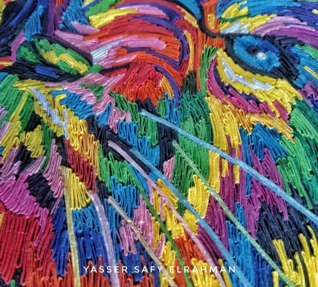 Colorful tiger artwork titled Taigilo: The Sovereign Flare by Yasser Safy Elrahman, featuring vibrant, intricate tiger imagery.